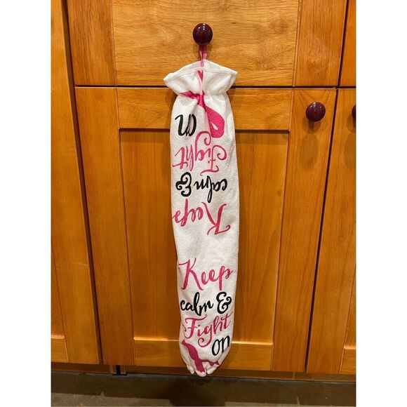 Handmade Plastic Bag Holder- Keep Calm & Fight On (Breast Cancer Awareness) - Picture 1 of 1